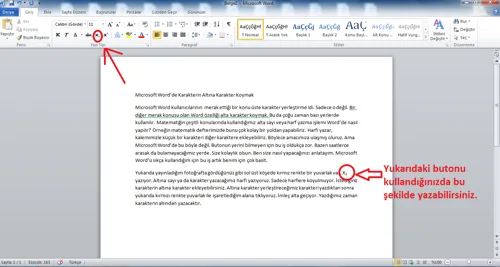 Microsoft Word’de Karakterin Altına Karakter Koymak
