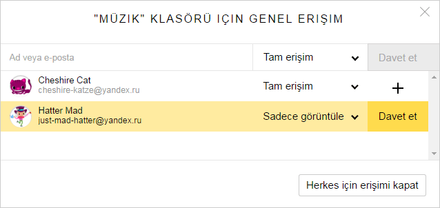 Yandex Disk Klasöre Ortak Erişim İmkanı Verme